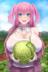 Rule 34 | 1girl, :d, absurdres, blondy (ldlong), blue eyes, blue sky, breasts, cantaloupe, cleavage, cloud, cloudy sky, commentary request, day, eyelashes, fangs, food, fruit, gloves, hair tie, highres, holding, holding food, huge breasts, korean commentary, mature female, open mouth, original, outdoors, pink hair, see-through, shirt, short hair, sky, smile, standing, sweat, tank top, twintails, underwear, vegetable, watermelon, white gloves, white tank top