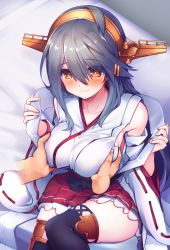 Rule 34 | 1girl, bare shoulders, black hair, blush, grabbing another&#039;s breast, breasts, brown eyes, detached sleeves, grabbing, groping, hair ornament, hairband, hairclip, haruna (kancolle), headgear, highres, japanese clothes, kantai collection, large breasts, long hair, nontraditional miko, open mouth, skirt, smile, solo focus, thighhighs, tsukui kachou