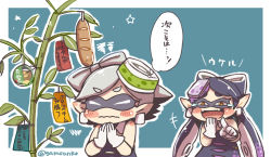Rule 34 | + +, 2girls, :d, bamboo, black hair, blush, callie (splatoon), closed eyes, commentary request, food, food on head, gloves, hair rings, hand to own mouth, index finger raised, inkling, laughing, long hair, marie (splatoon), mole, mole under eye, multiple girls, nintendo, object on head, open mouth, orange eyes, outline, own hands together, same anko, short hair, silver hair, simple background, smile, splatoon (series), splatoon 1, star (symbol), sushi, symbol-shaped pupils, tanabata, tanzaku, tears, tentacle hair, translation request, white gloves