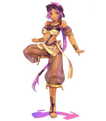 Rule 34 | 1girl, anklet, armband, armlet, bracelet, choker, dancer, dark-skinned female, dark skin, elf, facial mark, forehead mark, front-tie top, hair ornament, hair tubes, harem pants, headband, highres, hirano katsuyuki, jewelry, leg lift, long hair, lots of jewelry, midriff, navel, neck ring, necklace, niva, official art, pants, pointy ears, ponytail, purple hair, sandals, sash, see-through, smile, solo, spectral (series), spectral souls, standing, standing on one leg, very long hair, white background, yellow eyes