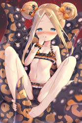 Rule 34 | 1girl, abigail williams (emerald float) (fate), abigail williams (fate), bare shoulders, barefoot, bikini, black bikini, black bow, blonde hair, blue eyes, blush, bow, breasts, cameltoe, cleft of venus, collarbone, double bun, emerald float, fate/grand order, fate (series), feet, female focus, forehead, frilled bikini, frills, hair bow, hair bun, highres, irokari, long hair, looking at viewer, miniskirt, multiple hair bows, navel, official alternate costume, open mouth, orange bow, polka dot, polka dot bow, sexually suggestive, sidelocks, skirt, small breasts, smile, solo, swimsuit, tentacles, toes, wet