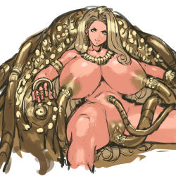 Rule 34 | 1girl, bad anatomy, bad hands, breasts, character request, clitoris, cropped legs, cyborg, gigantic breasts, highres, huge breasts, jewelry, lipstick, long hair, looking at viewer, makeup, nameo (judgemasterkou), navel insertion, nipple penetration, object insertion, original, poorly drawn, ring, sagging breasts, simple background, sitting, solo, spread legs, tube, uncensored, urethra, vaginal, vaginal object insertion, white background