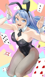 Rule 34 | 1girl, absurdres, animal ears, black leotard, blue eyes, blue hair, boku no hero academia, breasts, brown pantyhose, card, cleavage, commentary, detached collar, fake animal ears, fengling (furin-jp), hadou nejire, hands up, highleg, highleg leotard, highres, leotard, long hair, looking at viewer, medium breasts, open mouth, pantyhose, playboy bunny, playing card, rabbit ears, rabbit tail, solo, strapless, strapless leotard, tail, wrist cuffs