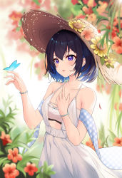 Rule 34 | 1girl, :d, absurdres, bare shoulders, black hair, blue hair, blush, bracelet, brown headwear, butterfly, butterfly on hand, collarbone, colored inner hair, cowboy shot, day, dress, duplicate, flower, hand on own chest, hat, hat flower, hat ornament, hibiscus, highres, honkai (series), honkai impact 3rd, jewelry, multicolored hair, open mouth, outdoors, pixel-perfect duplicate, plant, purple eyes, red flower, seele vollerei, shawl, sleeveless, sleeveless dress, smile, straw hat, sunflower, takeawatch, two-tone hair, white dress, yellow flower