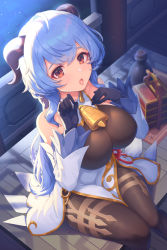Rule 34 | 1girl, ahoge, bare shoulders, bell, black gloves, black pantyhose, blue hair, blush, bodystocking, breasts, brown pantyhose, detached sleeves, dress, elbow gloves, ganyu (genshin impact), genshin impact, gloves, horns, large breasts, long hair, looking at viewer, makamati, neck bell, paid reward available, pantyhose, purple eyes, solo, thighs, tongue, tongue out, white dress