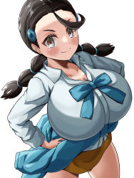 Rule 34 | 1girl, black hair, blue sweater, breasts, brown eyes, brown skirt, candice (pokemon), clothes around waist, collared shirt, creatures (company), game freak, hair ornament, hairclip, highres, hizakake, huge breasts, long hair, miniskirt, multi-tied hair, nintendo, pokemon, pokemon dppt, shirt, skirt, solo, sweater, sweater around waist, twintails, white shirt