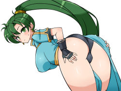Rule 34 | antenna hair, ass, bent over, black gloves, black panties, blue dress, blush, breasts, cameltoe, chro (rulurullu), covered erect nipples, dress, fingerless gloves, fire emblem, fire emblem: the blazing blade, from behind, gloves, green eyes, green hair, hand on own ass, large breasts, long hair, looking at viewer, looking back, lyn (fire emblem), matching hair/eyes, nintendo, panties, pelvic curtain, ponytail, shiny skin, short sleeves, simple background, standing, sweat, teeth, underwear, very long hair, white background
