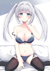 Rule 34 | 1girl, black bra, black panties, black thighhighs, blue eyes, blush, bra, breasts, cleavage, closed mouth, collarbone, commentary request, dot nose, hand on own cheek, hand on own face, highres, large breasts, long hair, looking at viewer, navel, on bed, original, panties, pillow, side-tie panties, silver hair, sitting, smile, solo, strap slip, suzunashi rei, thighhighs, twintails, underwear, underwear only, wariza