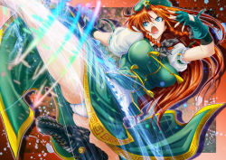 Rule 34 | 1girl, blue eyes, boots, braid, breasts, commentary request, energy, feet out of frame, fingerless gloves, flying kick, gloves, hat, hijikawa arashi, hong meiling, kicking, large breasts, long hair, open mouth, panties, pantyshot, partial commentary, rainbow gradient, rainbow order, red hair, ribbon, solo, spell card, star (symbol), touhou, twin braids, underwear, white panties