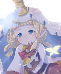 Rule 34 | 1girl, bad id, bad pixiv id, blonde hair, blue eyes, blurry, blurry foreground, blush, braid, brown gloves, bug, butterfly, closed mouth, depth of field, filasopila, gloves, granblue fantasy, harvin, insect, long sleeves, looking at viewer, nika (intention), pointy ears, silhouette, smile, solo, twin braids, veil, white background