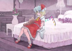 Rule 34 | 1girl, ascot, asymmetrical hair, back bow, bed, blanket, blonde hair, book, book stack, bow, chair, character name, clock, closed mouth, collared shirt, commentary request, copyright name, crystal, desk, expressionless, flandre scarlet, flower, frilled shirt collar, frilled skirt, frilled sleeves, frills, full body, hair between eyes, hat, hat ribbon, highres, indoors, knees together feet apart, lamp, lampshade, leaf, looking at viewer, mary janes, medium hair, mirror, mob cap, on bed, pillow, puffy short sleeves, puffy sleeves, red bow, red eyes, red flower, red footwear, red ribbon, red rose, red skirt, red vest, ribbon, rose, satyuas, shirt, shoes, short sleeves, sitting, skirt, skirt set, socks, solo, stuffed animal, stuffed toy, teddy bear, touhou, vase, vest, white bow, white hat, white shirt, white socks, wings, wrist cuffs, yellow ascot