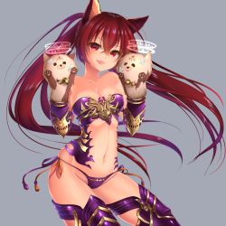 Rule 34 | 1girl, animal, animal ears, armor, bad id, bad pixiv id, bare shoulders, bell, blush, breasts, cat ears, cerberus (shingeki no bahamut), cleavage, collar, fangs, highres, holding, holding animal, long hair, looking at viewer, medium breasts, navel, neck bell, open mouth, red armor, red eyes, red hair, shadowverse, shingeki no bahamut, smile, solo, twintails, yuitanpo