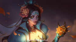 Rule 34 | 1girl, absurdres, artist name, brown hair, brown sclera, closed mouth, colored sclera, earrings, eyeshadow, falling petals, flower, forehead jewel, gradient background, guoguoguovia, hair flower, hair ornament, highres, holding, holding flower, jewelry, league of legends, light particles, long hair, looking at viewer, makeup, necklace, official alternate costume, official alternate hairstyle, petals, prestige la ilusion renata glasc, renata glasc, signature, simple background, smile, solo, upper body, veil