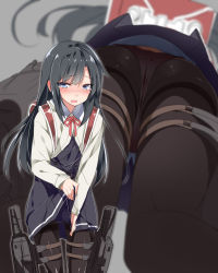 Rule 34 | 10s, 1girl, asashio (kancolle), belt, black hair, black pantyhose, black vest, blood, blue eyes, blush, buttons, clothes lift, collared shirt, double-breasted, dress, dress lift, eyebrows, from below, grey background, highres, kantai collection, lifted by self, long hair, long sleeves, looking at viewer, machinery, menstruation, mtu (orewamuzituda), multiple views, neck ribbon, nose blush, open clothes, open shirt, panties, panties under pantyhose, pantyhose, pantyshot, pinafore dress, pink panties, red ribbon, ribbon, shirt, simple background, skirt, skirt lift, sleeveless, sleeveless dress, standing, teardrop, thigh strap, thighband pantyhose, underwear, vest, white shirt, wing collar