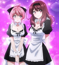 Rule 34 | 2girls, amami youko, ame-iro cocoa side g, blush, hair ribbon, hairband, highres, looking at viewer, maid, matching hair/eyes, multiple girls, non (ame-iro cocoa), pink eyes, pink hair, red eyes, red hair, ribbon, smile, tagme