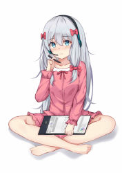 Rule 34 | 10s, 1girl, bantian yindang, barefoot, blush, bow, closed mouth, collarbone, drawing tablet, eromanga sensei, frills, full body, hair between eyes, hair bow, hand up, headphones, headset, highres, indian style, izumi sagiri, long hair, long sleeves, looking at viewer, pink bow, pink shorts, shadow, shorts, simple background, sitting, solo, stylus, white background