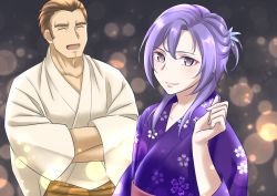 Rule 34 | 2boys, alternate costume, brown hair, closed eyes, crossed arms, fire emblem, fire emblem echoes: shadows of valentia, highres, japanese clothes, kakiko210, kimono, leon (fire emblem echoes), long hair, multiple boys, nintendo, open mouth, purple eyes, purple hair, sparkle, upper body, valbar (fire emblem)