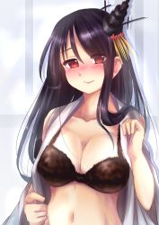 Rule 34 | 10s, 1girl, amaririsu yabuk, bad id, bad pixiv id, black bra, black hair, blush, bra, breasts, cleavage, female focus, fusou (kancolle), gradient background, hair ornament, highres, kantai collection, large breasts, long hair, looking at viewer, open clothes, open shirt, red eyes, shirt, smile, solo, striped, striped background, underwear