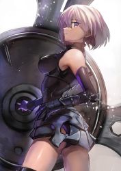 Rule 34 | 1girl, armor, ashiwara yuu, ass, bare shoulders, breasts, cowboy shot, elbow gloves, fate/grand order, fate (series), from side, gauntlets, gloves, holding, holding shield, light purple hair, looking at viewer, mash kyrielight, medium breasts, parted lips, profile, purple eyes, shield, short hair, sideways mouth, solo, thighhighs