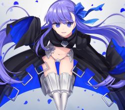 Rule 34 | 10s, 1girl, armor, armored boots, asymmetrical bangs, bad id, bad pixiv id, black coat, blue ribbon, boots, coat, fate/extra, fate/extra ccc, fate (series), flat chest, hair ribbon, hand up, hands in opposite sleeves, karokuchitose, long hair, long sleeves, looking at viewer, meltryllis (fate), navel, parted lips, petals, purple eyes, purple hair, revealing clothes, ribbon, smile, solo, thighhighs, thighs