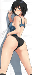Rule 34 | 1girl, amagami, ass, black hair, black one-piece swimsuit, black socks, breasts, brown eyes, commentary, competition swimsuit, feet out of frame, from behind, highres, looking at viewer, looking back, medium breasts, nanasaki ai, one-piece swimsuit, short hair, signature, socks, solo, swimsuit, twitter username, two-tone swimsuit, yoo tenchi