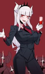 Rule 34 | 1girl, :d, alcohol, black pants, blunt bangs, blush, breasts, collared shirt, commentary, cowboy shot, cup, cupping glass, demon girl, demon horns, drinking glass, fang, formal, gloves, glowing, glowing eyes, hand up, helltaker, holding, holding cup, horns, j.k., large breasts, layered sleeves, long hair, long sleeves, looking at another, looking at viewer, lucifer (helltaker), mole, mole under eye, necktie, no tail, nose blush, open mouth, pant suit, pants, red background, red eyes, red shirt, shirt, skeleton (helltaker), smile, solo focus, suit, teeth, white gloves, white hair, white horns, wine, wine glass