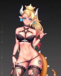 Rule 34 | 1girl, absurdres, anna o renko, armlet, asymmetrical hair, bare shoulders, bikini, black bikini, black nails, black panties, black thighhighs, blonde hair, blue eyes, bowser logo, bowser tattoo, bowsette, bracelet, breasts, brown thighhighs, collar, collarbone, earrings, fingernails, grey background, groin, highres, horns, jewelry, large breasts, leg tattoo, long hair, looking at viewer, mario (series), middle finger, nail polish, navel, new super mario bros. u deluxe, nintendo, panties, pointy ears, ponytail, sharp fingernails, sidecut, smile, solo, spiked armlet, spiked bracelet, spiked collar, spikes, super crown, swimsuit, tattoo, thighhighs, torn clothes, torn thighhighs, undercut, underwear