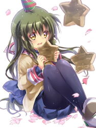 Rule 34 | 1girl, black pantyhose, blue bow, blue skirt, blurry, blush, bow, chinese commentary, clannad, commentary request, crossed legs, depth of field, eyelashes, eyes visible through hair, falling petals, floating hair, green eyes, hair between eyes, hair bow, hat, holding, ibuki fuuko, jacket, knees up, light particles, lliissaawwuu2, long hair, long sleeves, looking afar, miniskirt, open mouth, pantyhose, party hat, petals, pleated skirt, sailor collar, sidelocks, simple background, sitting, skirt, solo, starfish, thighs, very long hair, white background, white sailor collar, yellow eyes, yellow jacket