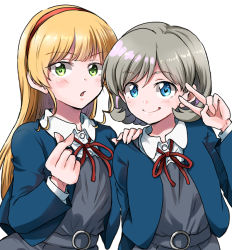 Rule 34 | 2girls, :o, :p, blonde hair, blue eyes, blue jacket, closed mouth, collared shirt, commentary, dress, flipped hair, green eyes, grey dress, grey hair, hand on another&#039;s shoulder, hand up, heanna sumire, jacket, long hair, looking at viewer, love live!, love live! superstar!!, medium hair, multiple girls, neck ribbon, o-ring, open mouth, pinafore dress, red ribbon, ribbon, school uniform, shirt, sidelocks, simple background, sleeveless dress, tang keke, tongue, tongue out, unya, v, white background, winter uniform, yuigaoka school uniform