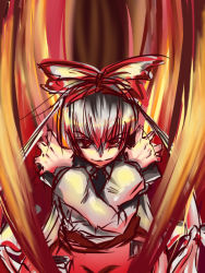 Rule 34 | 1girl, aryus, bad id, bad pixiv id, bow, cowboy shot, crossed arms, female focus, fujiwara no mokou, hair bow, long sleeves, looking at viewer, pants, red bow, red eyes, shirt, solo, suspenders, touhou, white shirt