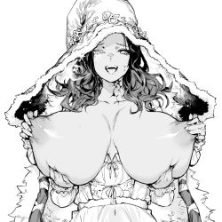 Rule 34 | 1girl, alternate breast size, breasts, breasts out, cape, cloak, cracked skin, dress, elden ring, enpix, extra arms, extra faces, fangs, fur cape, fur cloak, greyscale, hat, huge breasts, joints, large hat, long hair, looking at viewer, monochrome, nipple stimulation, nipple tweak, nipples, one eye closed, ranni the witch, robe, simple background, smile, solo, tweaking own nipple, upper body, white background, witch hat