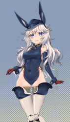 Rule 34 | android, animal ears, blue eyes, blue headwear, blue leotard, breasts, commentary request, covered navel, detached sleeves, fake animal ears, girls&#039; frontline, gloves, griffin &amp; kryuger, highres, leotard, long hair, mechanical legs, medium breasts, open mouth, rabbit ears, red gloves, ribeyrolles (girls&#039; frontline), ribeyrolles (mod3) (girls&#039; frontline), white hair, zafuri (yzrnegy)
