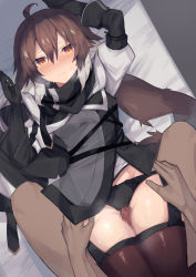 Rule 34 | 1boy, 1girl, ahoge, arknights, black cape, black gloves, black panties, black thighhighs, blush, bow, bow panties, breasts, cape, censored, clothed sex, commentary, cowboy shot, dark-skinned male, dark skin, elbow gloves, garter belt, gloves, grey shirt, hair between eyes, hands up, hetero, looking at viewer, lying, mosaic censoring, no headwear, on back, panties, penis, plume (arknights), romaji commentary, sasa onigiri, shirt, short hair, small breasts, solo focus, sweat, thigh sex, thighhighs, thighs, underwear, yellow eyes