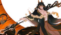 Rule 34 | 1boy, absurdres, black hair, brown hair, collarbone, dragon, dragon horns, dragon tail, fingernails, floating, floating object, floating weapon, genshin impact, hair between eyes, highres, horns, ko yuue, long fingernails, long hair, long sleeves, male focus, multicolored hair, open clothes, open mouth, orange background, polearm, robe, scales, simple background, smoke, solo, spear, tail, weapon, white background, yellow eyes, zhongli (genshin impact)