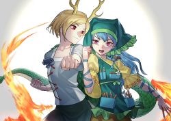 Rule 34 | 2girls, antlers, apron, arm ribbon, backlighting, between fingers, blonde hair, blouse, blue hair, blue ribbon, blue shirt, breasts, chisel, clenched hands, collarbone, dragon horns, dragon tail, fire, flower, foreshortening, green skirt, haniyasushin keiki, head scarf, highres, holding, horns, jewelry, kicchou yachie, long hair, looking at another, losercat, magatama, magatama necklace, multiple girls, necklace, open mouth, parted bangs, puffy short sleeves, puffy sleeves, red eyes, ribbon, shirt, short hair, short sleeves, simple background, skirt, small breasts, smile, tail, tool belt, touhou, upper body, v-shaped eyebrows, white background, wide sleeves, yellow shirt, yellow skirt
