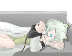 Rule 34 | 1girl, animal ear fluff, animal ears, arknights, bare shoulders, closed eyes, couch, dress, feet out of frame, green dress, green hair, highres, jacket, kal&#039;tsit (arknights), lying, mebe (teadia violet), off-shoulder jacket, off shoulder, on couch, on side, pacifier, pillow, simple background, solo, white background, white jacket