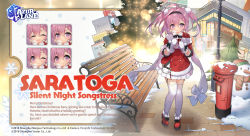 Rule 34 | 1girl, ahoge, artist request, azur lane, bench, black hairband, box, character name, christmas, christmas lights, christmas tree, closed eyes, commentary, copyright name, english commentary, expressions, fur-trimmed shirt, fur trim, gift, gift box, hair between eyes, hairband, highres, holding, holding gift, long hair, long sleeves, mittens, official alternate costume, official art, one eye closed, open mouth, park bench, pink hair, pleated skirt, postbox (outgoing mail), promotional art, purple eyes, red footwear, red shirt, saratoga (azur lane), saratoga (silent night songstress) (azur lane), scarf, shirt, skirt, smile, snow, snowman, solo, twintails, white scarf, white skirt