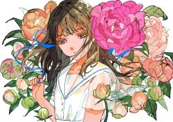 Rule 34 | 1girl, blue ribbon, brown eyes, brown hair, buchi (qooo003), collarbone, commentary request, floating hair, flower, hair ribbon, hand up, highres, holding, leaf, long hair, looking at viewer, original, parted lips, pink flower, pink rose, ribbon, rose, sailor collar, school uniform, see-through, see-through sleeves, serafuku, shirt, short sleeves, simple background, solo, tulip, upper body, white background, white sailor collar, white shirt