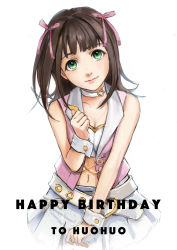 Rule 34 | 1girl, absurdres, amami haruka, blue skirt, blunt bangs, breasts, choker, cleavage, clenched hand, collarbone, eyebrows hidden by hair, green eyes, happy birthday, heart, heart choker, highres, idol, idol clothes, idolmaster, idolmaster (classic), leaning forward, looking at viewer, medium hair, navel, nekkikamille, skirt, small breasts, solo, white choker