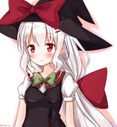 Rule 34 | 1girl, bad id, bad pixiv id, black hat, blush, bow, bowtie, creative commons, green bow, hair bow, hair ornament, hairpin, hat, hat bow, large bow, mony, original, puffy short sleeves, puffy sleeves, red bow, red eyes, short sleeves, sidelocks, simple background, smile, solo, twitter username, upper body, white background, white hair, witch, witch hat