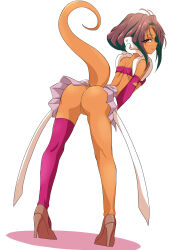 Rule 34 | 1girl, ass, bishoujo senshi sailor moon, castor (sailor moon), clam curry, cleft of venus, colored skin, crop top, facial mark, female focus, forehead mark, full body, gloves, high heels, highres, leaning forward, looking at viewer, looking back, monster girl, no panties, orange skin, pussy, red eyes, red hair, showgirl skirt, simple background, single glove, single thighhigh, smile, solo, standing, tail, tail raised, thighhighs, upskirt, white background