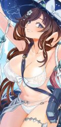 1girl belt between_breasts bikini black_hat book bow breasts flower flower_hairpin granblue_fantasy grimoire hair_flower hair_ornament hat hat_bow highres official_alternate_costume raziel_(granblue_fantasy) raziel_(summer)_(granblue_fantasy) ryuusei_(trickster) smile solo strap_between_breasts sun_hat swimsuit thigh_belt thigh_strap white_bikini white_bow