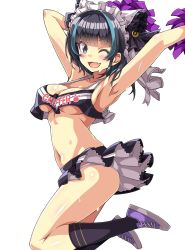 Rule 34 | 1girl, aqua eyes, arm up, armpits, azur lane, breasts, cheering, cheerleader, cheshire (azur lane), clothes writing, crop top, crop top overhang, fang, frilled hairband, frilled headband, frills, hairband, highres, holding, holding pom poms, jumping, looking at viewer, looking back, macaroni hourensou, maid headdress, medium breasts, midriff, miniskirt, multicolored hair, navel, open mouth, panties, pantyshot, pleated skirt, pom pom (cheerleading), pom poms, shirt, shoes, skin fang, skirt, sleeveless, sleeveless shirt, sneakers, solo, streaked hair, underwear