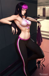 Rule 34 | 1girl, abs, alternate hairstyle, bare back, bare shoulders, black hair, blunt bangs, bottle, breasts, capcom, chinese clothes, cleft of venus, drill hair, dudou, eyeliner, gloves, gym, hair down, halterneck, han juri, highres, makeup, multicolored hair, official alternate costume, pants, partially fingerless gloves, pink hair, purple eyes, skin tight, sleeveless, solo, stomach, street fighter, striped, striped clothes, striped pants, tarakanovich, toned, two-tone hair, vertical stripes, watermark, web address, yoga pants