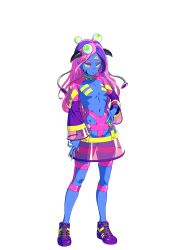 Rule 34 | 1girl, absurdres, artist request, blue skin, colored skin, demon girl, flat chest, full body, highres, horns, long hair, looking at viewer, magicami, multicolored hair, nail, navel, official art, pasties, shoes, sneakers, transparent, transparent background, two-tone hair