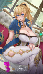 Rule 34 | 1girl, absurdres, arm support, blonde hair, blue capelet, blue eyes, blush, bow, breasts, capelet, character name, cleavage, clothing cutout, coin, commentary request, condom, condom wrapper, couch, crossed legs, ctrlz77, curtains, dandelion seed, dated, dutch angle, eyelashes, feet out of frame, genshin impact, globe, gold coin, gold trim, hair between eyes, hair bow, hand on own thigh, hand on thigh, head tilt, highres, huge breasts, indoors, jean (genshin impact), long hair, looking at viewer, pants, parted lips, ponytail, shirt, sidelocks, sitting, solo, sword, thigh cutout, thighs, tight clothes, weapon, white pants, white shirt, window