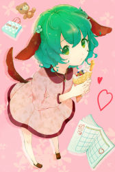 Rule 34 | 1girl, alternate costume, animal ears, bag, calendar, calendar (object), clover, clover hair ornament, crepe, dress, floral print, food, food on face, four-leaf clover, full body, green eyes, green hair, hair ornament, heart, highres, jewelry, kasodani kyouko, matching hair/eyes, necklace, no socks, pink background, shoes, short hair, solo, stuffed animal, stuffed toy, tail, teddy bear, touhou, witoi (roa)