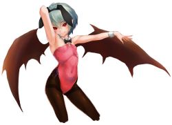 Rule 34 | 1girl, animal ears, armpits, bad id, bad twitter id, bat wings, black bow, black bowtie, black pantyhose, bow, bowtie, breasts, closed mouth, covered navel, cropped legs, detached collar, fake animal ears, fang, fang out, green hair, hair between eyes, hairband, highleg, highleg leotard, kabocha head, leotard, looking at viewer, outstretched arm, pantyhose, pink leotard, playboy bunny, pointy ears, rabbit ears, red eyes, remilia scarlet, short hair, simple background, small breasts, smile, solo, touhou, white background, wings, wrist cuffs