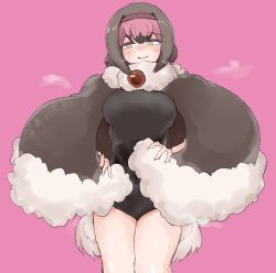 Rule 34 | 1girl, anoponp, bird tail, black hair, black one-piece swimsuit, blush, breasts, brown hair, commentary request, cowboy shot, dodo (kemono friends), embarrassed, empty eyes, fur collar, fur trim, hair between eyes, hair ornament, hairband, highres, kemono friends, looking away, multicolored hair, one-piece swimsuit, pink hair, poncho, short hair, smile, solo, steam, sweatdrop, swimsuit, tail, yellow eyes