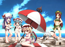 Rule 34 | 5girls, alternate color school swimsuit, barefoot, bat wings, beach, bikini, breasts, camera, cross, day, embodiment of scarlet devil, female focus, flag, flandre scarlet, handheld game console, hat, highres, hong meiling, izayoi sakuya, jewelry, laevatein, mechanical pencil, medium breasts, multiple girls, navel, necklace, noya makoto, one-piece swimsuit, outdoors, patchouli knowledge, pencil, pink one-piece swimsuit, playstation portable, red one-piece swimsuit, remilia scarlet, sand castle, sand sculpture, school swimsuit, side-tie bikini bottom, side ponytail, small breasts, swimsuit, touhou, umbrella, underboob, wings